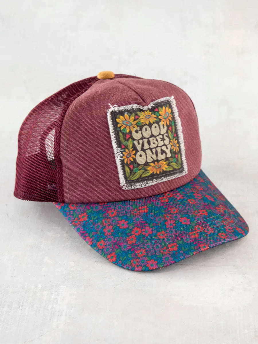 Maroon and Floral Good Vibes Only Natural Life Trucker Hat