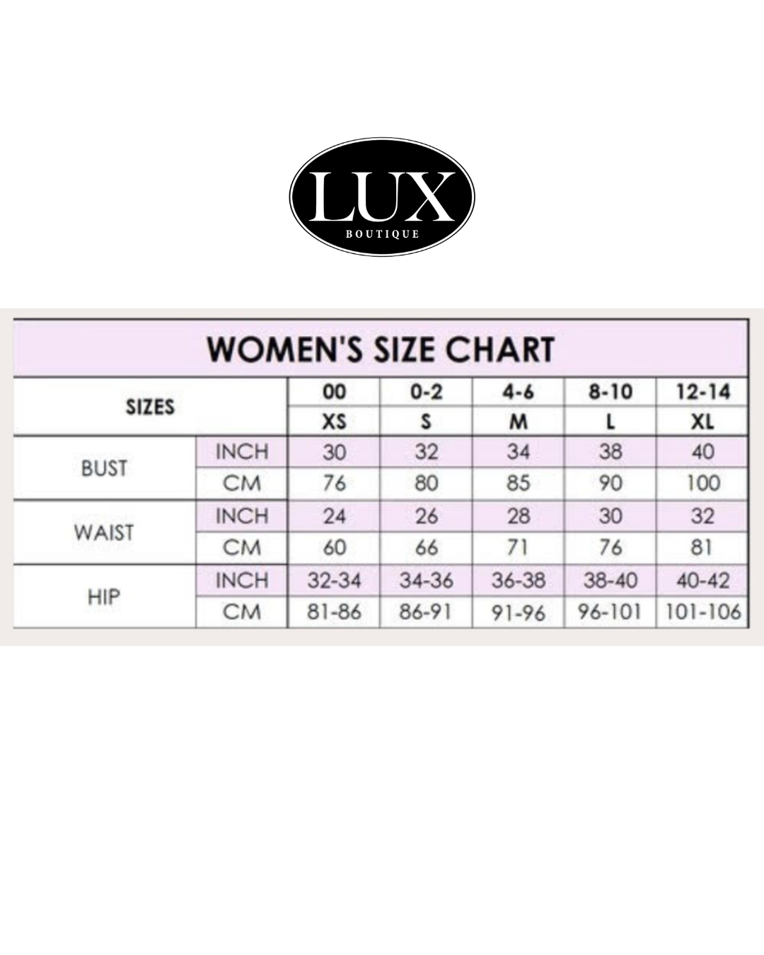 Women's size chart with Lux Boutique logo on a white background