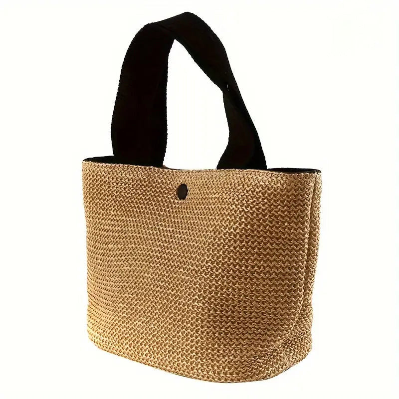 Khaki Black and White Straw Tote Back Bucket Silhouette