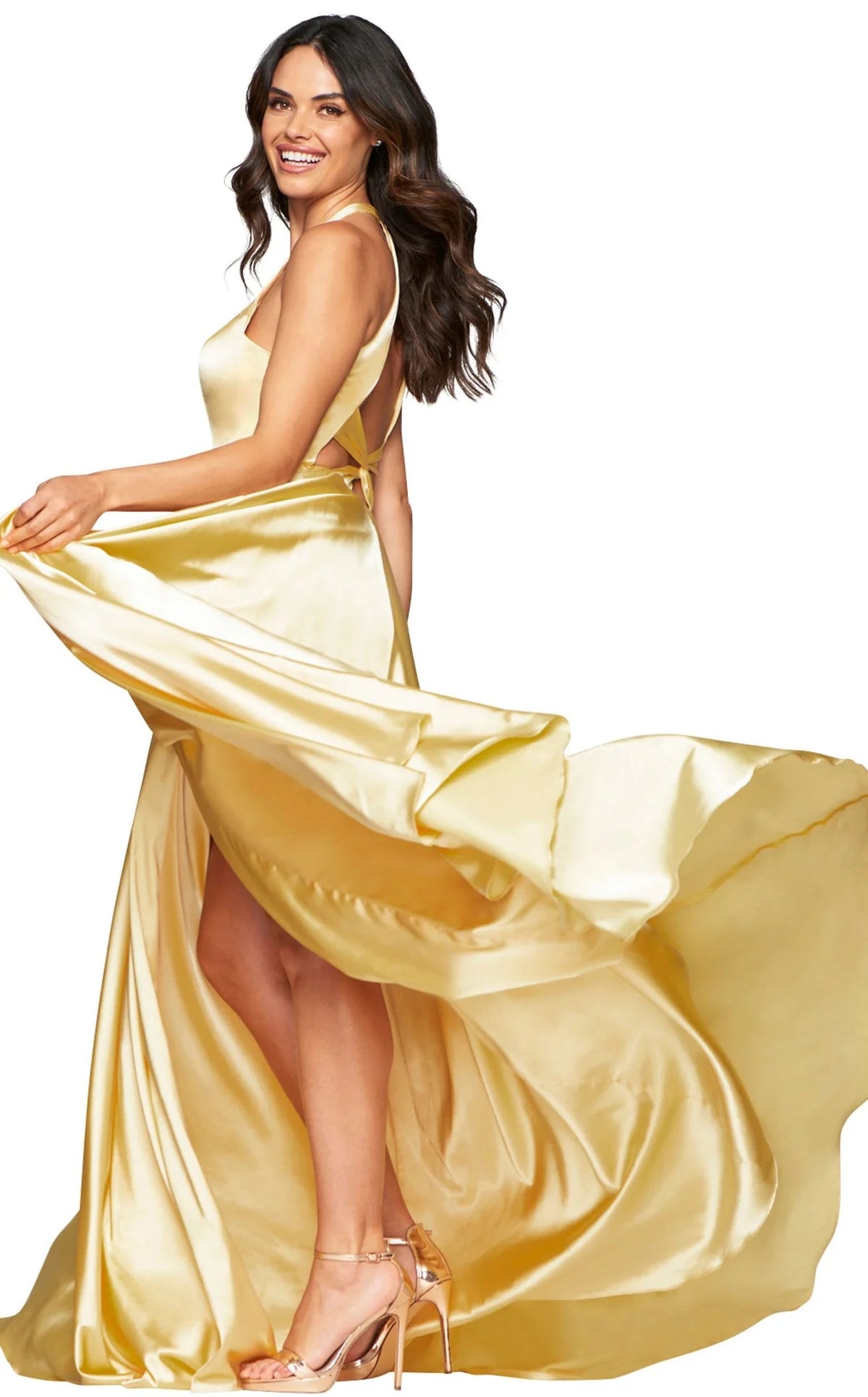 Buttercream Flowy Deep V Neck Dress With Halter Neck And Pockets