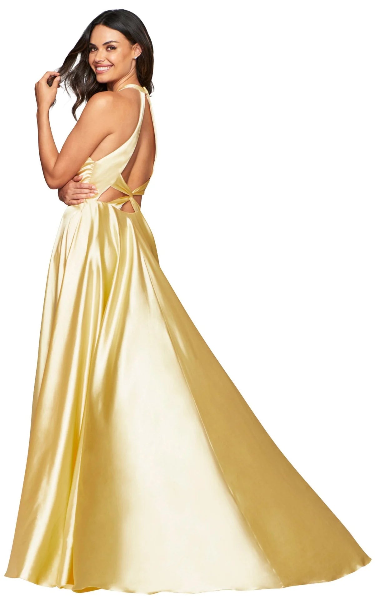 Buttercream Flowy Deep V Neck Dress With Halter Neck And Pockets