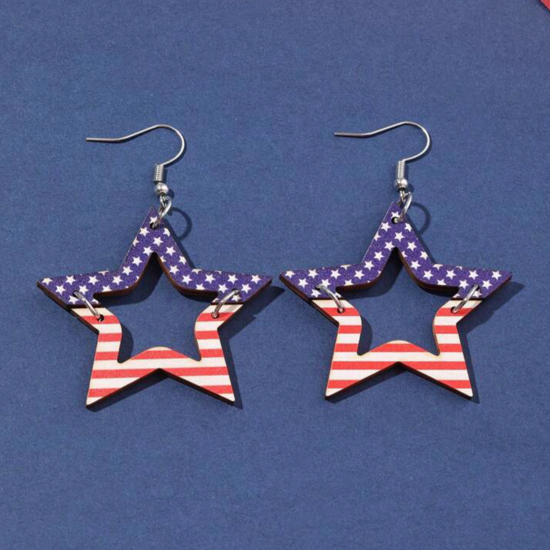 Wooden American Flag Star Earrings
