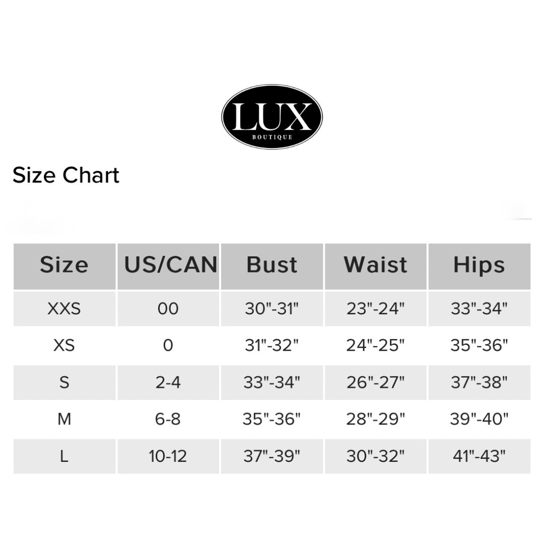 Size chart for Lux Boutique clothing with measurements in inches.