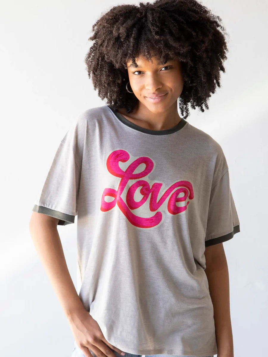 Grey Crew Neck Over Sized Graphic Tee with Pink Love Lettering