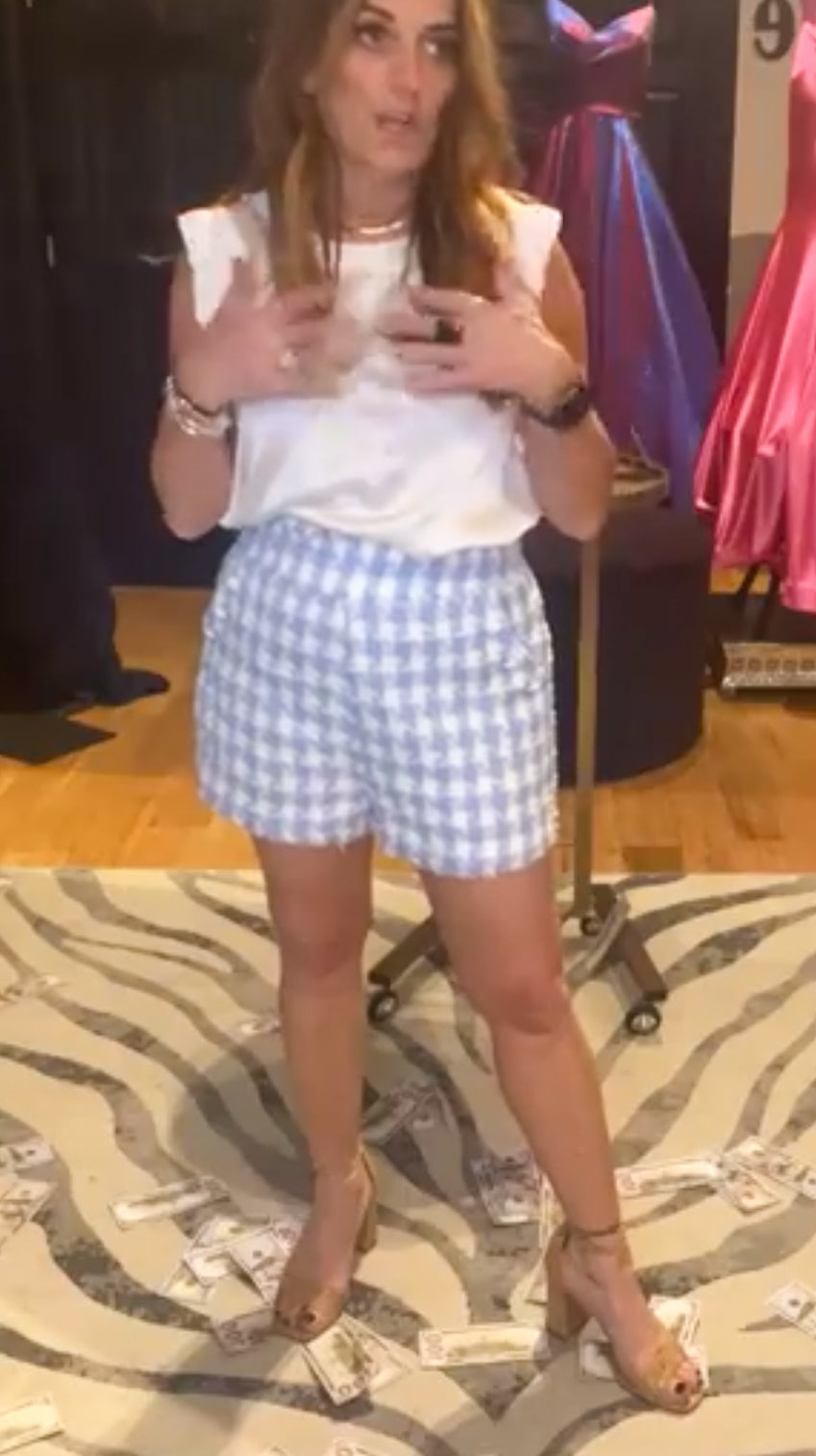 Blue Plaid Tweed Shorts with Button Detail on Pockets