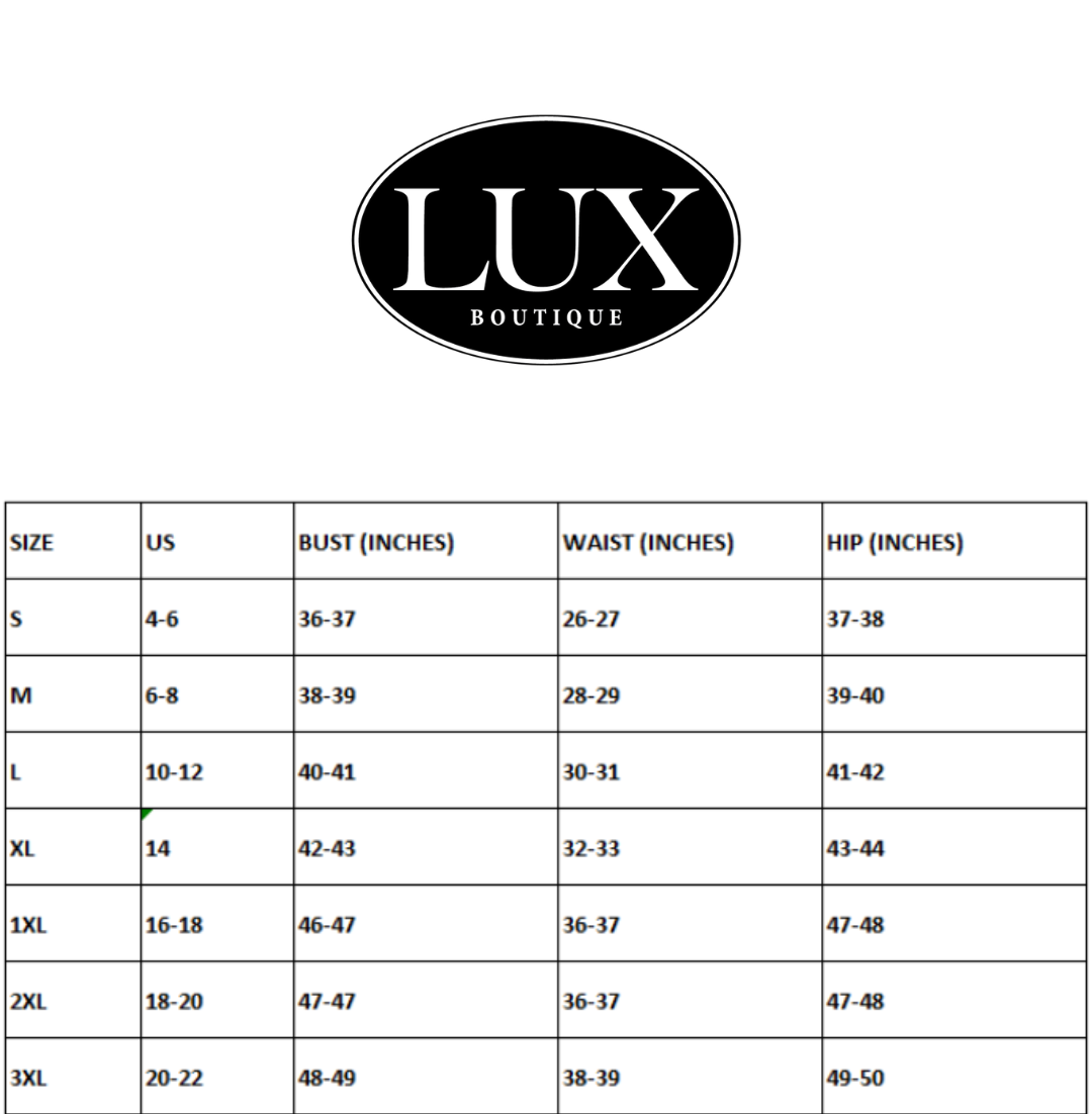 Size chart for Lux Boutique with measurements in inches.