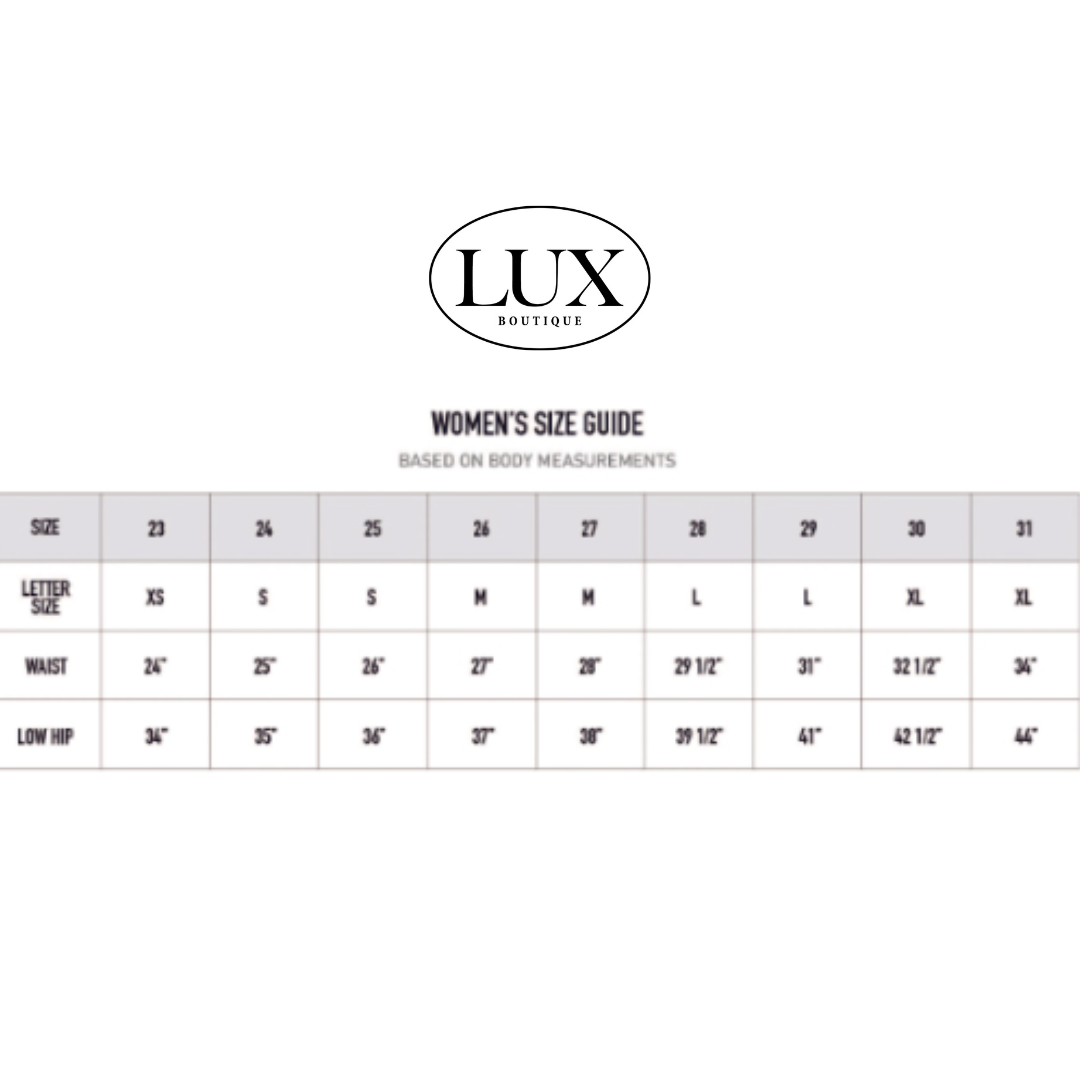 Lux Boutique women's size guide chart on a white background