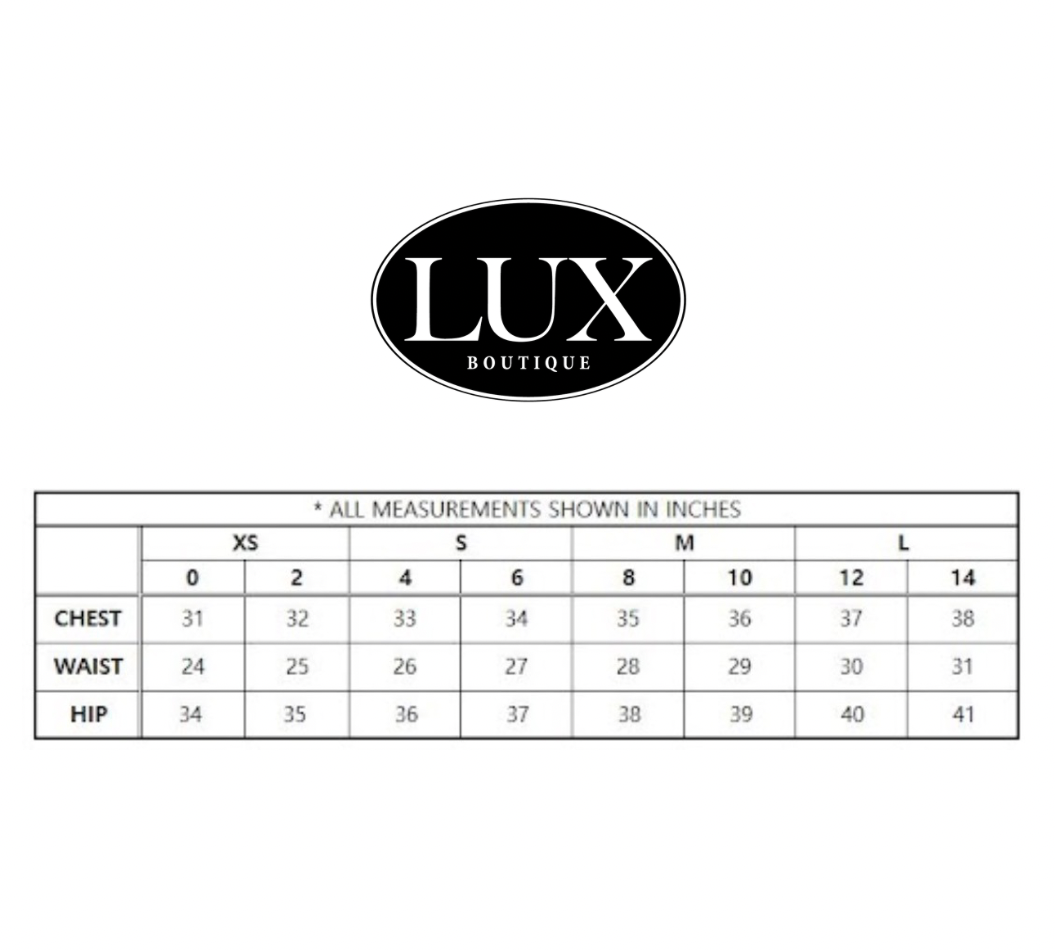 Measurement chart for clothing with Lux Boutique logo at the top