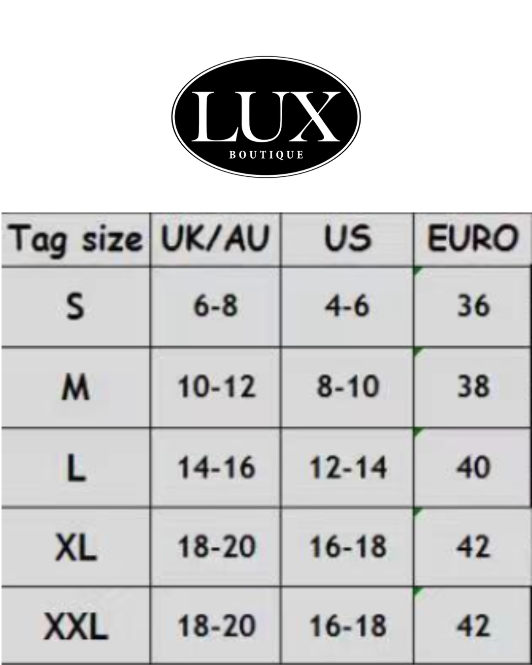 Size chart for clothing with Lux Boutique logo at the top