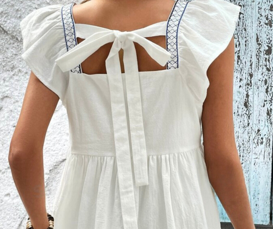 White Ruffle Sleeve Flowy Top with Blue Embroidered Detailing at Bust