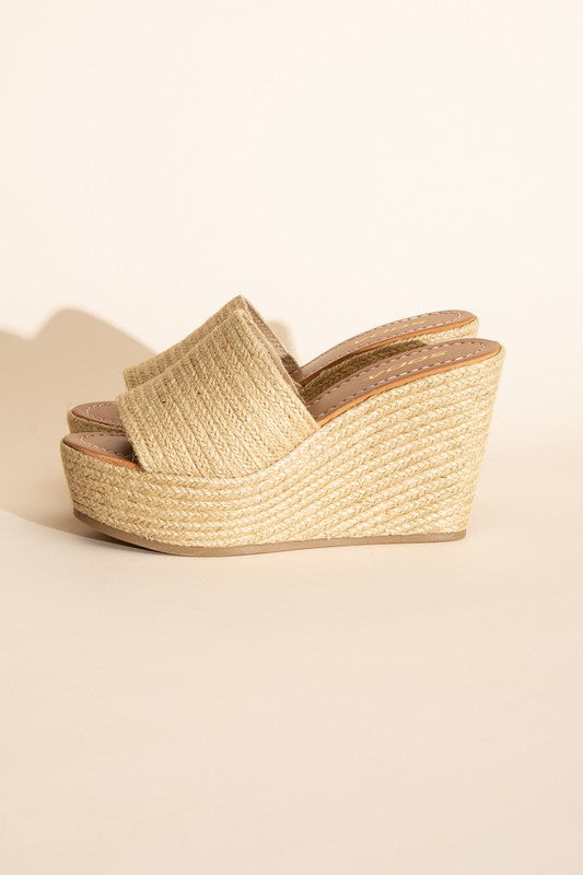 Tan Synthetic Raffia Wedge Platform Heel