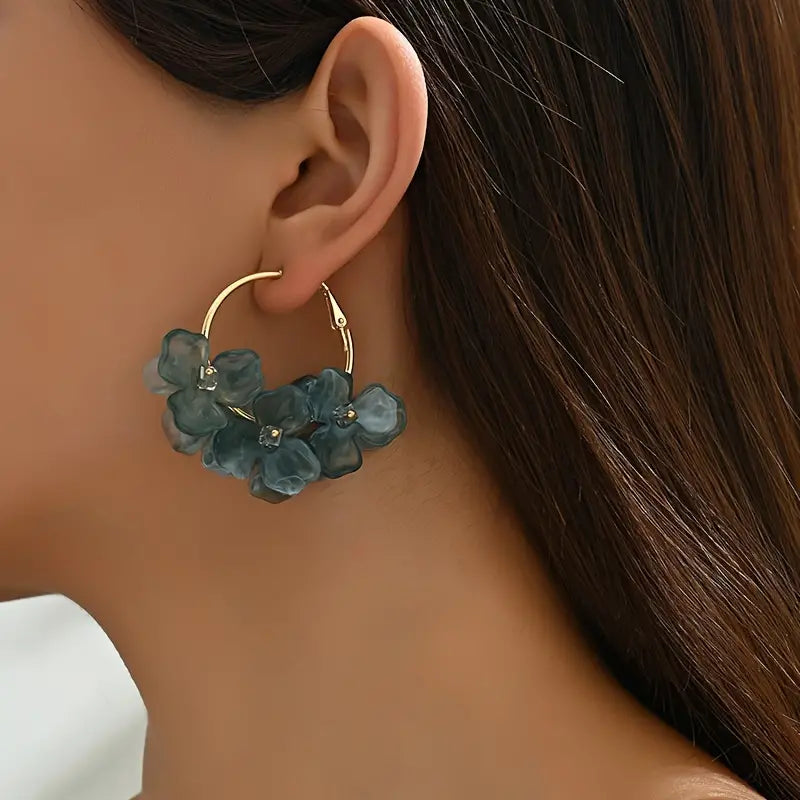 Blue Acrylic Flower Hoop Earrings with Gold Hardware