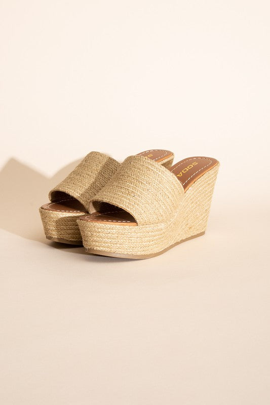 Tan Synthetic Raffia Wedge Platform Heel