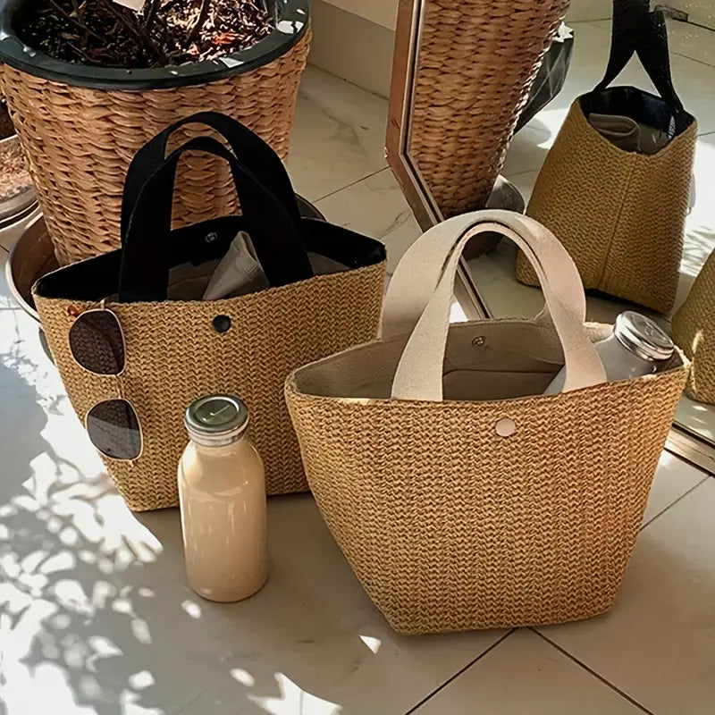 Khaki Black and White Straw Tote Back Bucket Silhouette