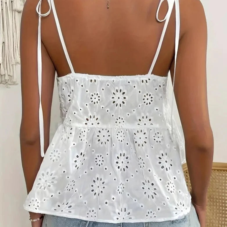 White Eyelet Tank Top with Tie Straps