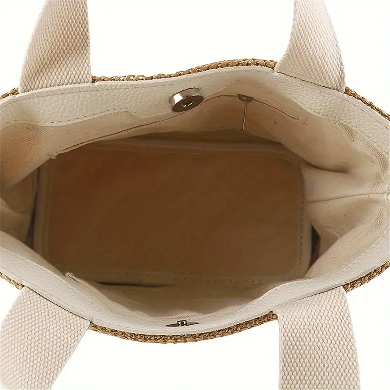 Khaki White Straw Tote Back Bucket Silhouette