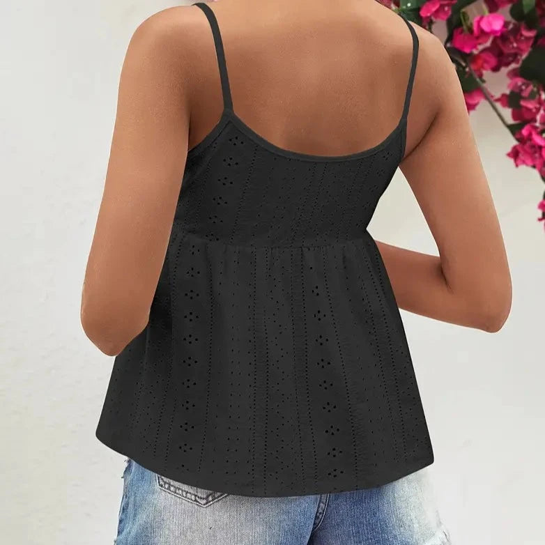 Black Square Neck Eyelet Tank Top