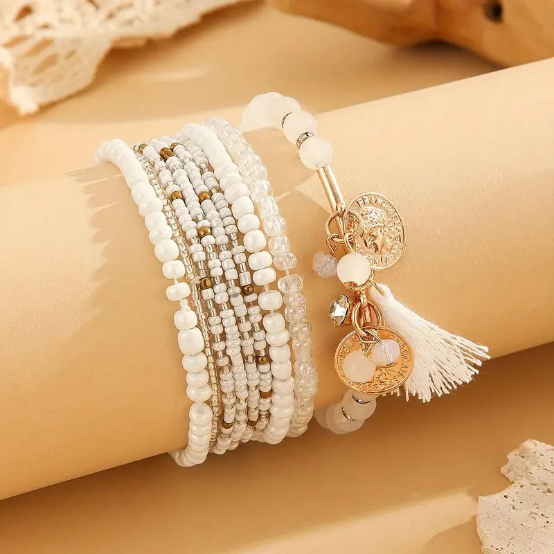 White 6 Set Beaded Bracelets with Tassel Detail
