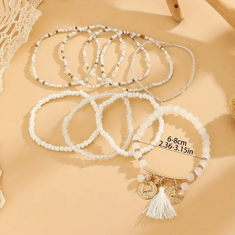 White 6 Set Beaded Bracelets with Tassel Detail