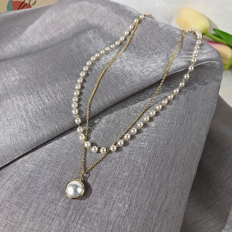 Gold Pendant Necklace Clavicle Chain With Trendy Design Of Faux Pearl And Double-Layer Chain