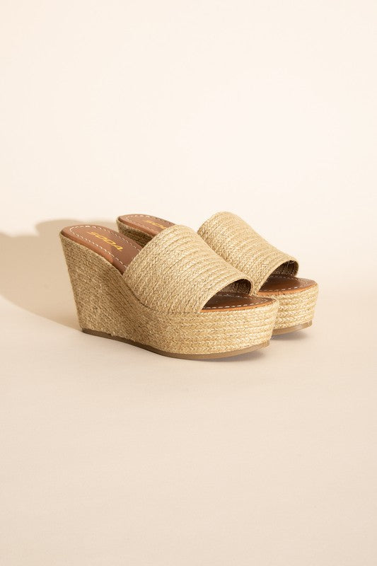 Tan Synthetic Raffia Wedge Platform Heel