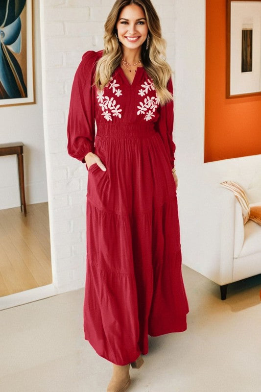 Floral Embroidered Tiered Maxi Dress | LUX Boutique Racing Red / L Floral Embroidered Tiered Maxi Dress | LUX Boutique Racing Red / L
