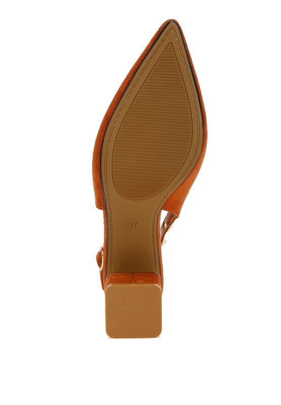 Orange sandal with a pointed toe and block heel on a white background