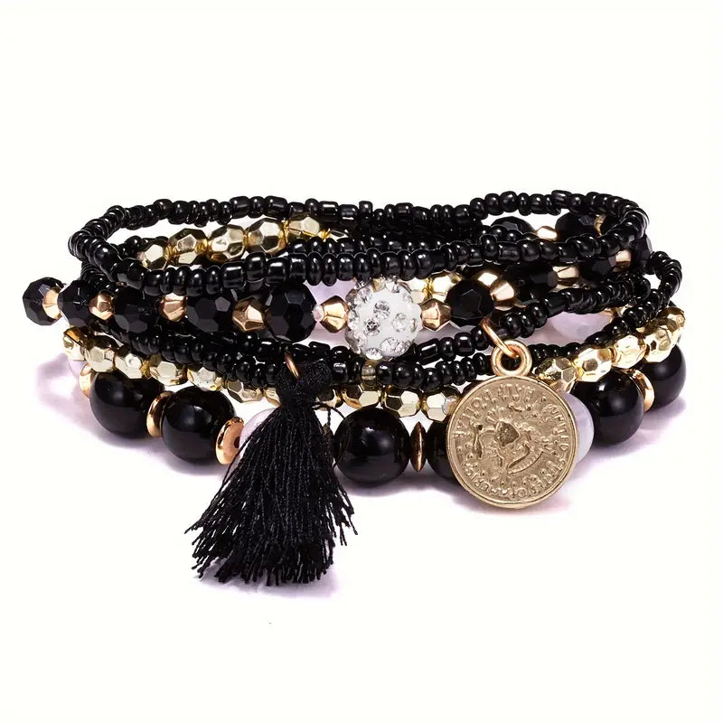 Black 6 Set Beaded Bracelets with Tassel Detail