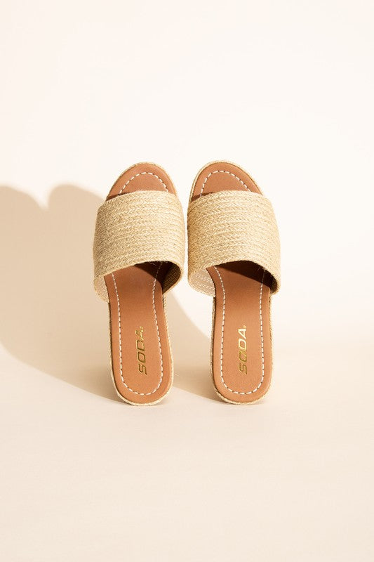 Tan Synthetic Raffia Wedge Platform Heel