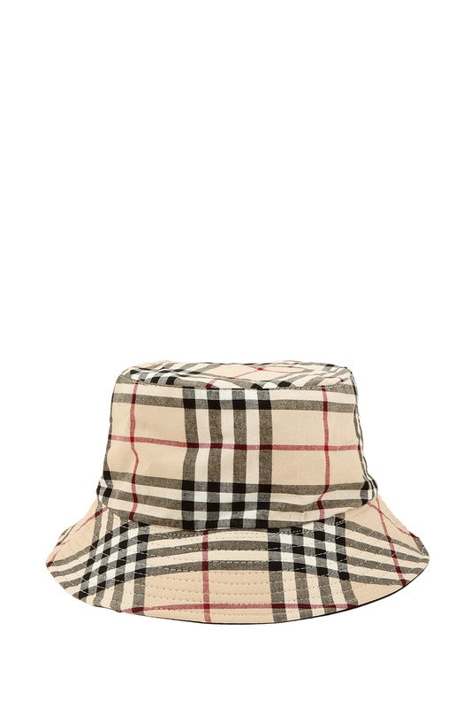 Beige Plaid Check Print Cotton Bucket Hat Reversible Use