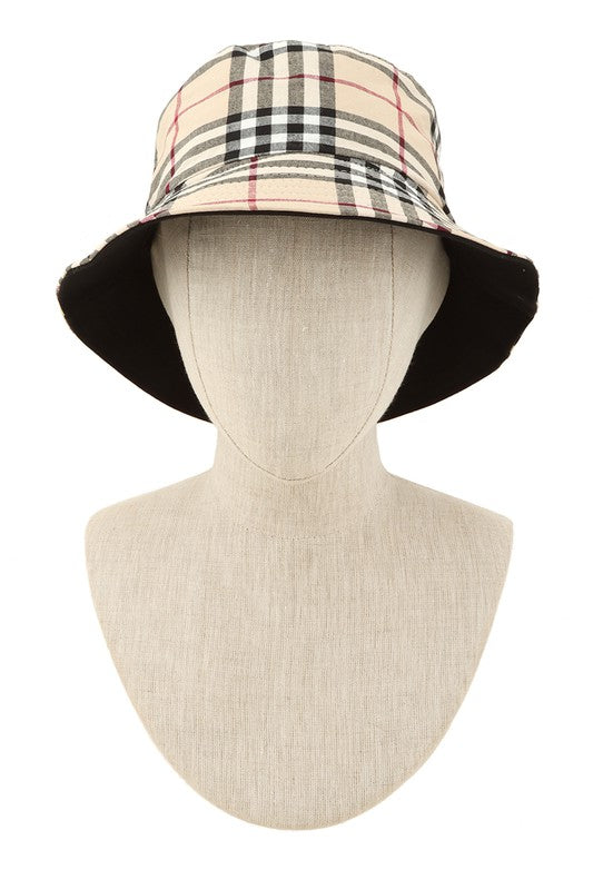 Beige Plaid Check Print Cotton Bucket Hat Reversible Use