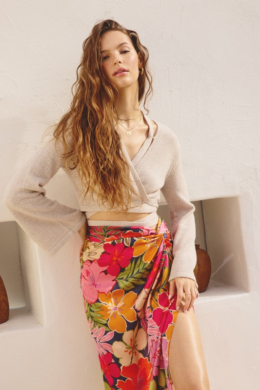 Printed Maxi Wrap Skirt/Sarong. Knot at the Center Front or Side. Unlined Floral Pattern