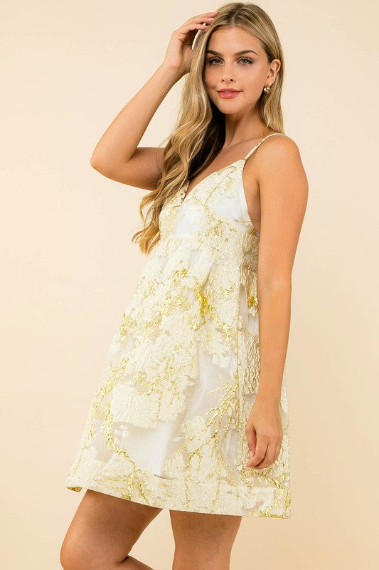 Cream and Gold Taffeta V-Neck Skater Mini Dress with Spaghetti Straps