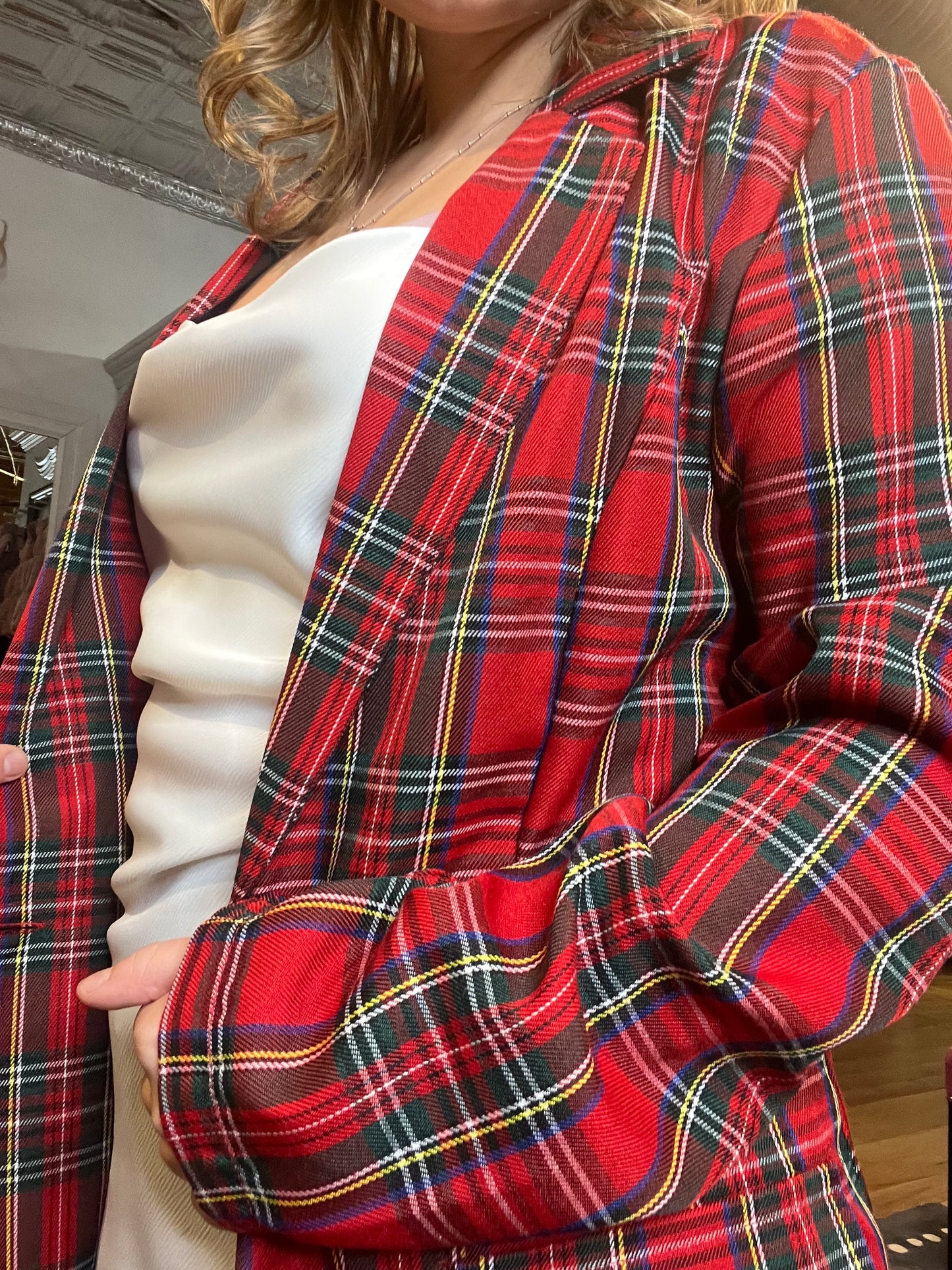 Red Plaid Long Sleeve Blazer