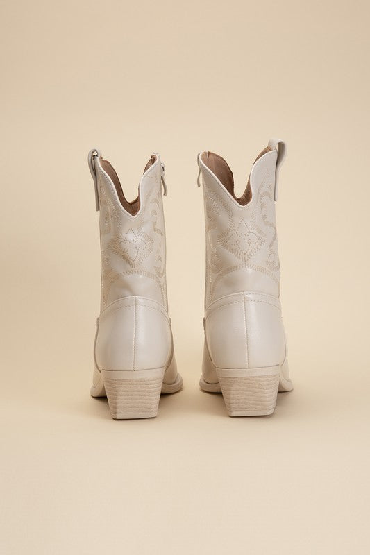 Ivory Western Booties Tapered Toe and Block Heel