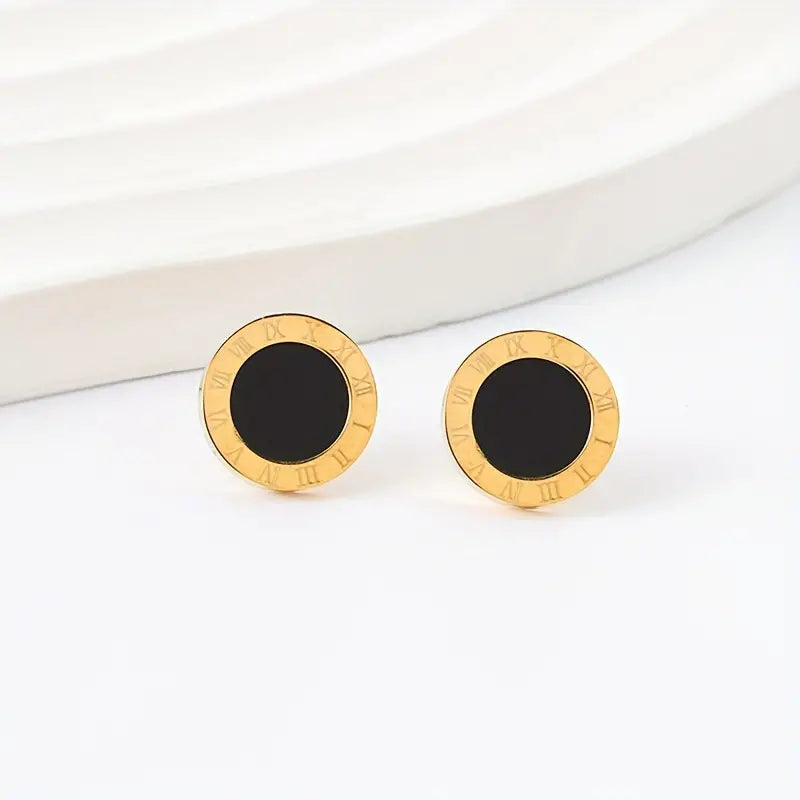 2 Piece Retro Titanium Stud Roman Numeral and Sea Shell Earrings Gold and Black