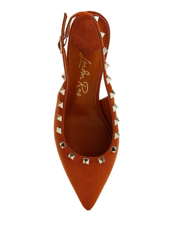 Brown pointed-toe shoe with studded details on a white background