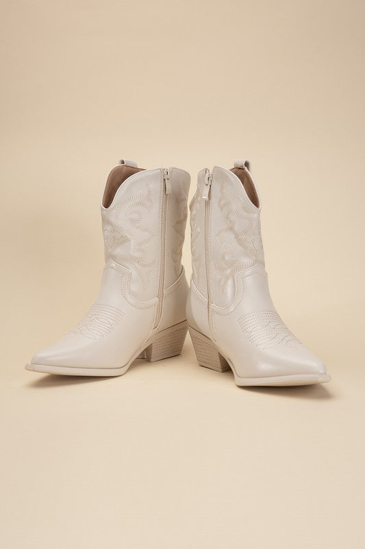 Ivory Western Booties Tapered Toe and Block Heel