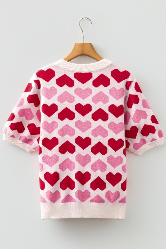Short Sleeve Heart Crewneck Sweater