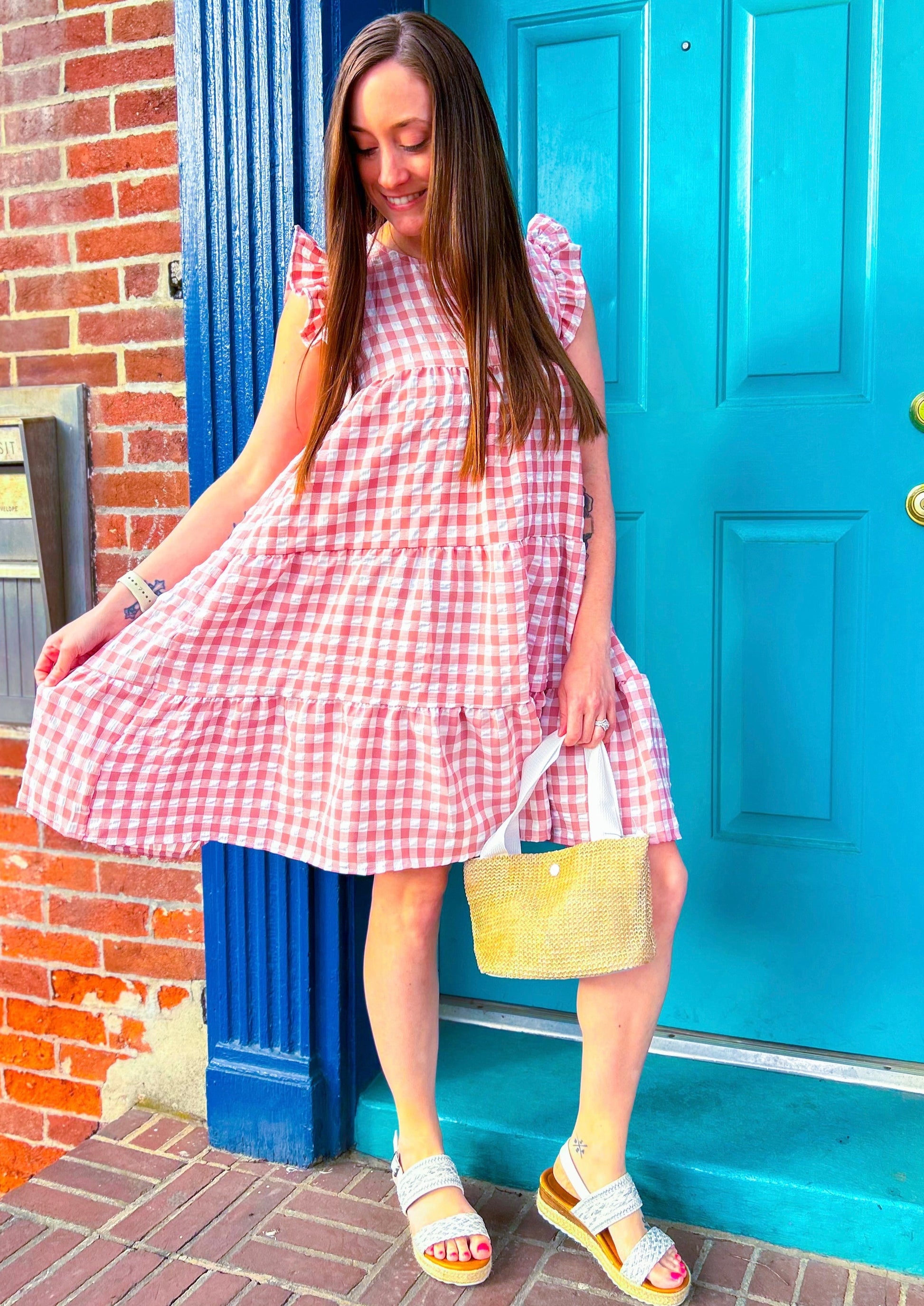 Lavender Gingham Tiered Ruffle Sleeveless Dress