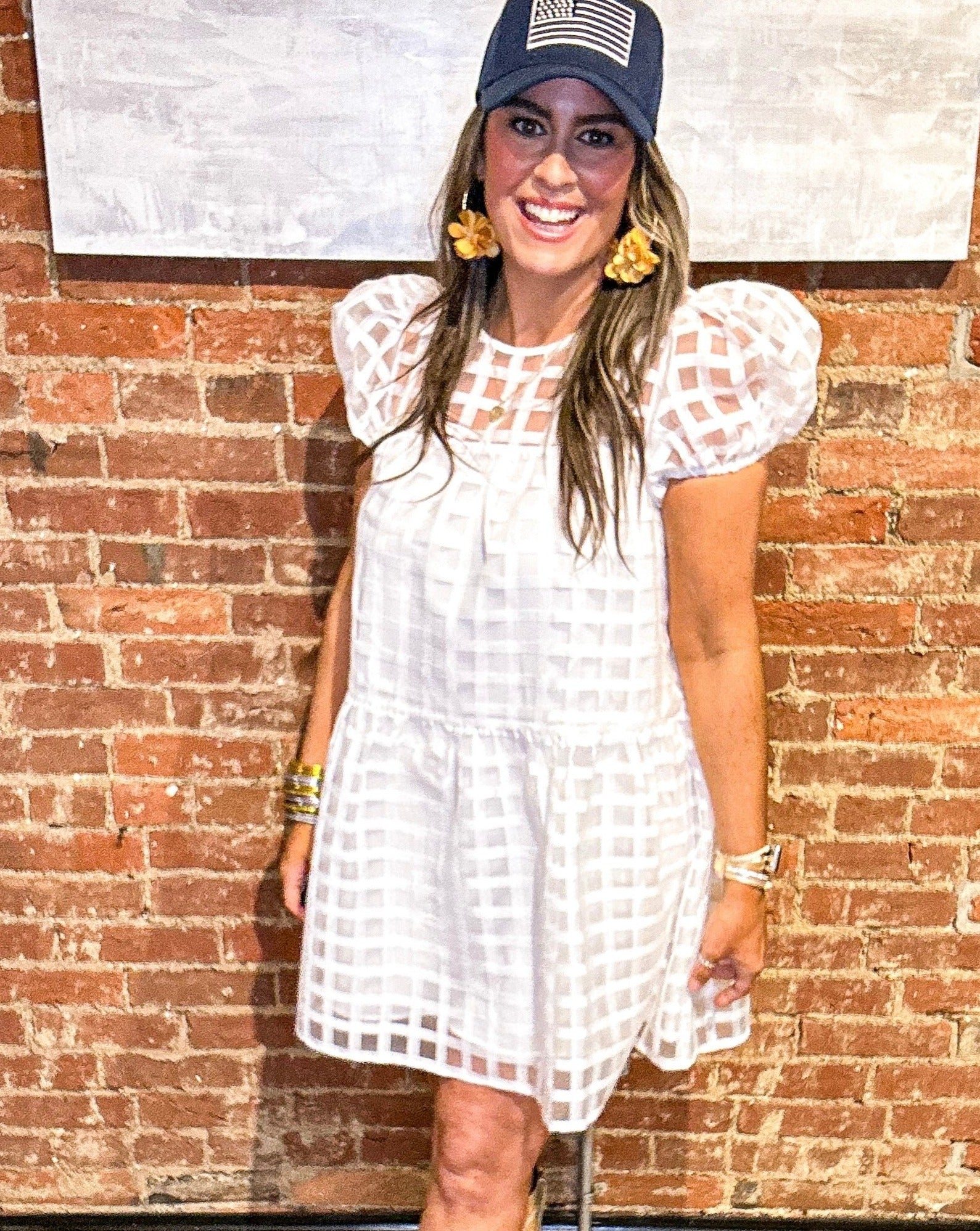 White Puff Sleeve Checkered Pattern Dress