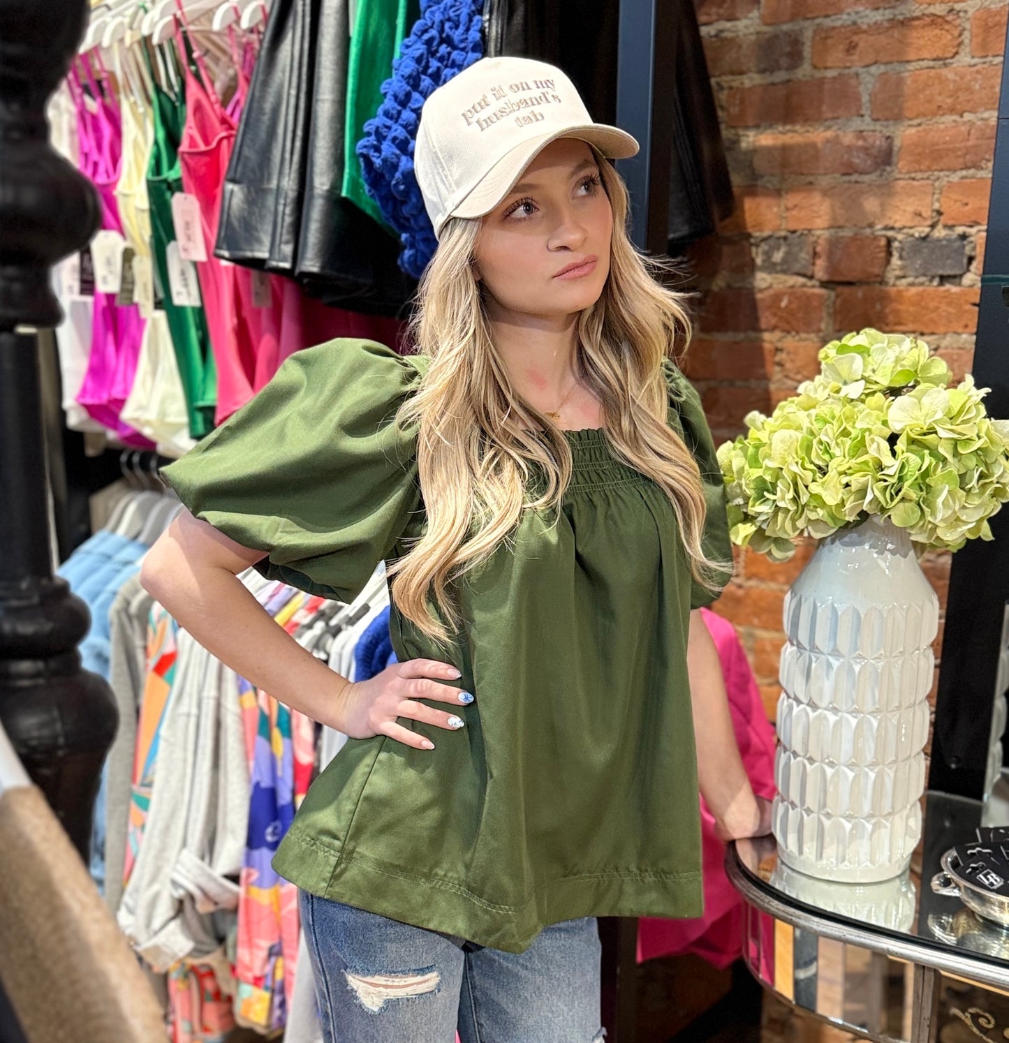 Hunter Green Smocked Puff Sleeve Top 