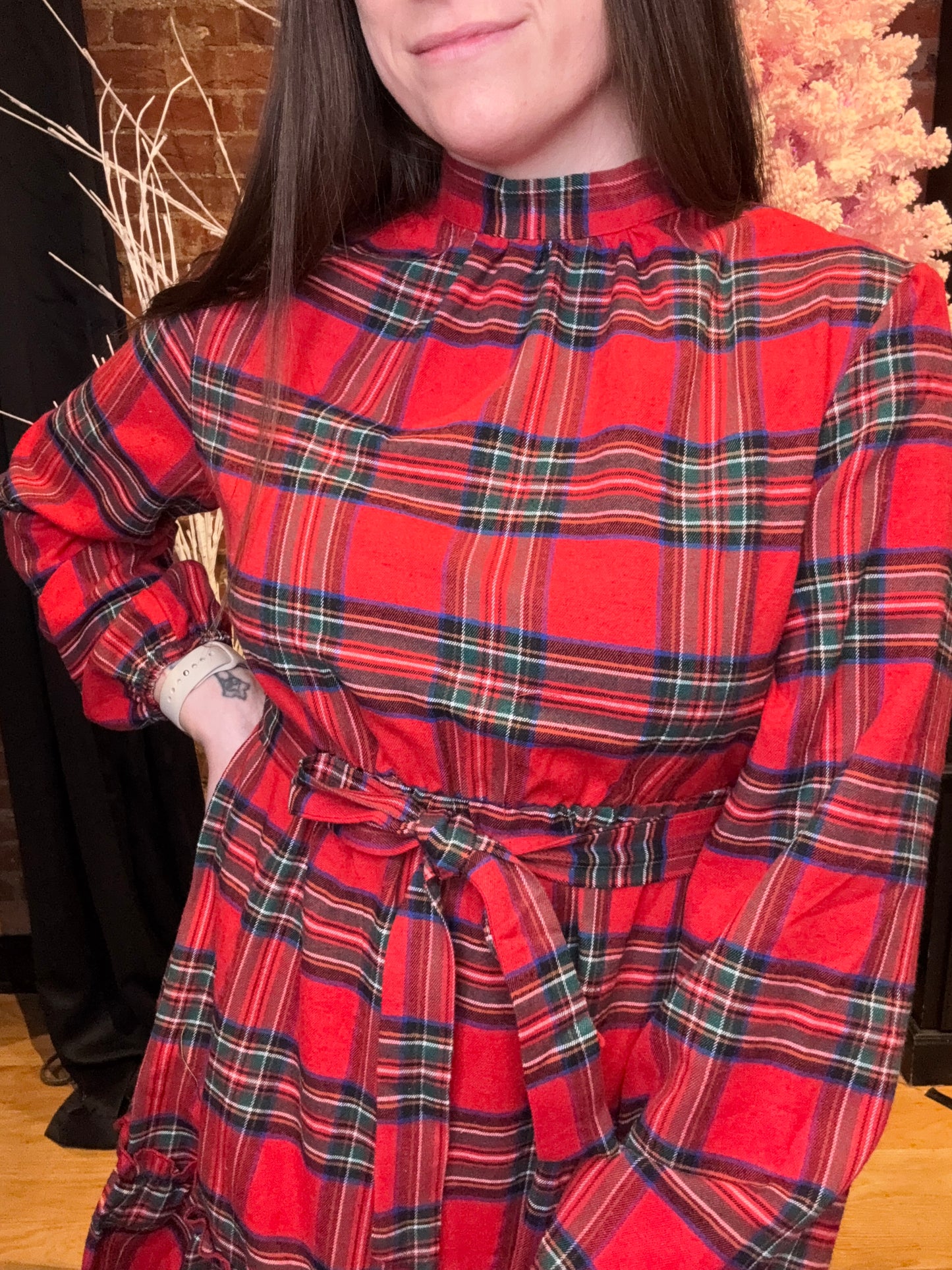 Long Sleeve Red Plaid Ruffle Mini Dress with a Tie Waist and High Neckline