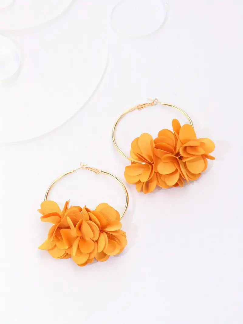 Gold Flower Hoop Earrings with Yellow Flowers 