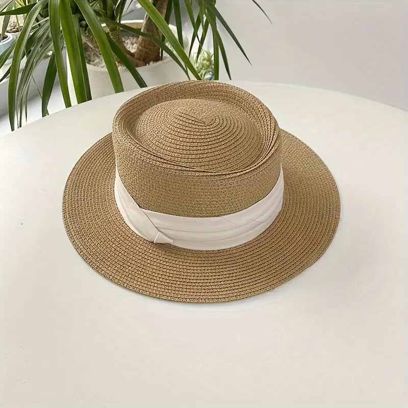Khaki French Panama Sun Hat with Wide Ribbon Detail