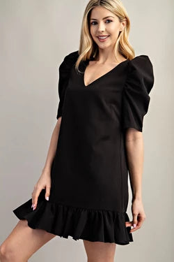 Black mini dress with puff sleeves, straight-cut neckline, and darted bodice