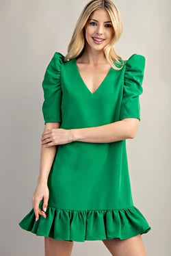 Green mini dress with puff sleeves, straight-cut neckline, and darted bodice