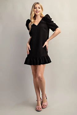 Black mini dress with puff sleeves, straight-cut neckline, and darted bodice