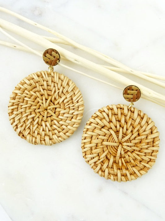Woven Straw Disk Earrings in Gold Tone and Woven Texture Size 1.75" x 2.5"