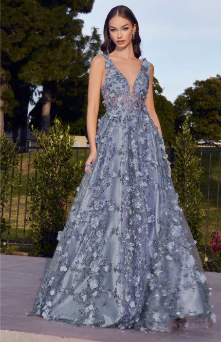 Steel Blue Floral Glitter Prom Gown with Straps and Deep V Neckline